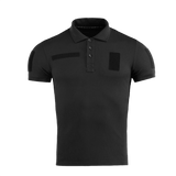 M-Tac Tactical Polo Shirt 65/35 musta Velcro-paneeleilla. Sopii poliisi- ja turvallisuustyöhön mukavuuden ja kestävyyden vuoksi