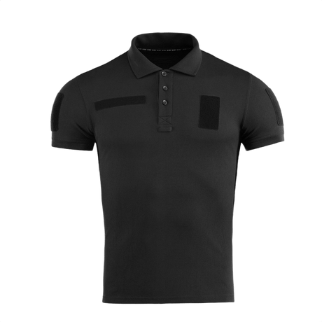 M-Tac Tactical Polo Shirt 65/35 musta Velcro-paneeleilla. Sopii poliisi- ja turvallisuustyöhön mukavuuden ja kestävyyden vuoksi