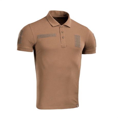 M-Tac Tactical Polo Shirt 65/35 ruskea Velcro-paneeleilla turvallisuustyöhön, puuvilla-polyester-sekoitus mukavuuteen ja kestävyyteen