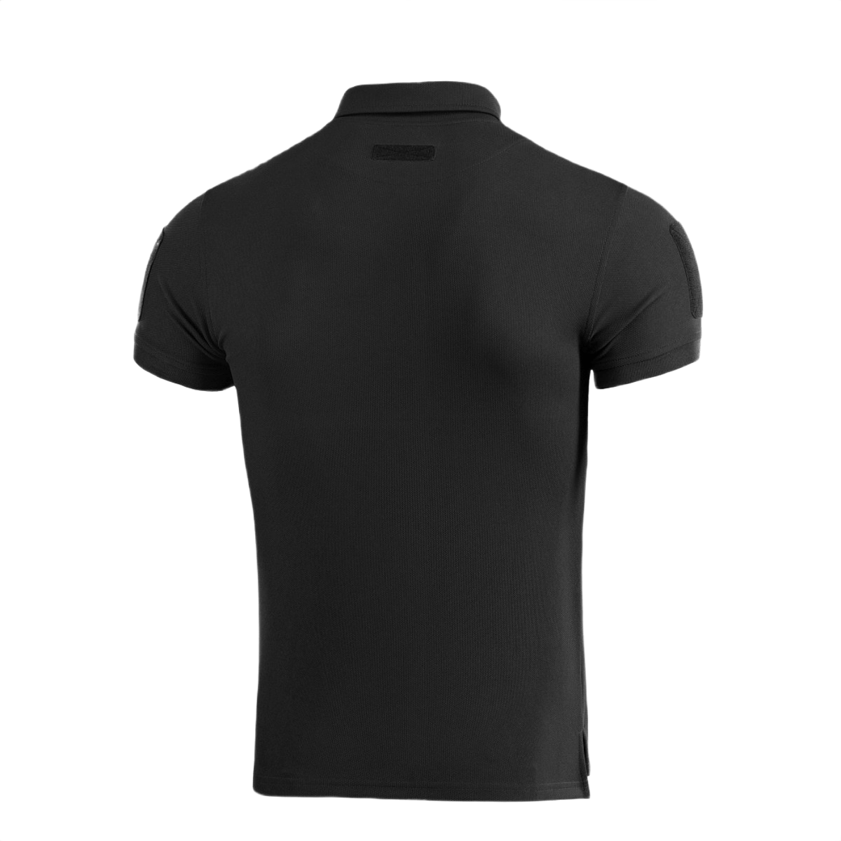 M-Tac Tactical Polo Shirt 65/35 musta takaa, suunniteltu poliisi- ja turvallisuushenkilöstölle Velcro-paneeleilla merkeille