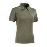 M-Tac Tactical Polo-Shirt 65/35 Lady vihreänä, Velcro ja käytännöllinen lenkki, suunniteltu naiselliseen istuvuuteen ja mukavuuteen aktiivisessa käytössä.