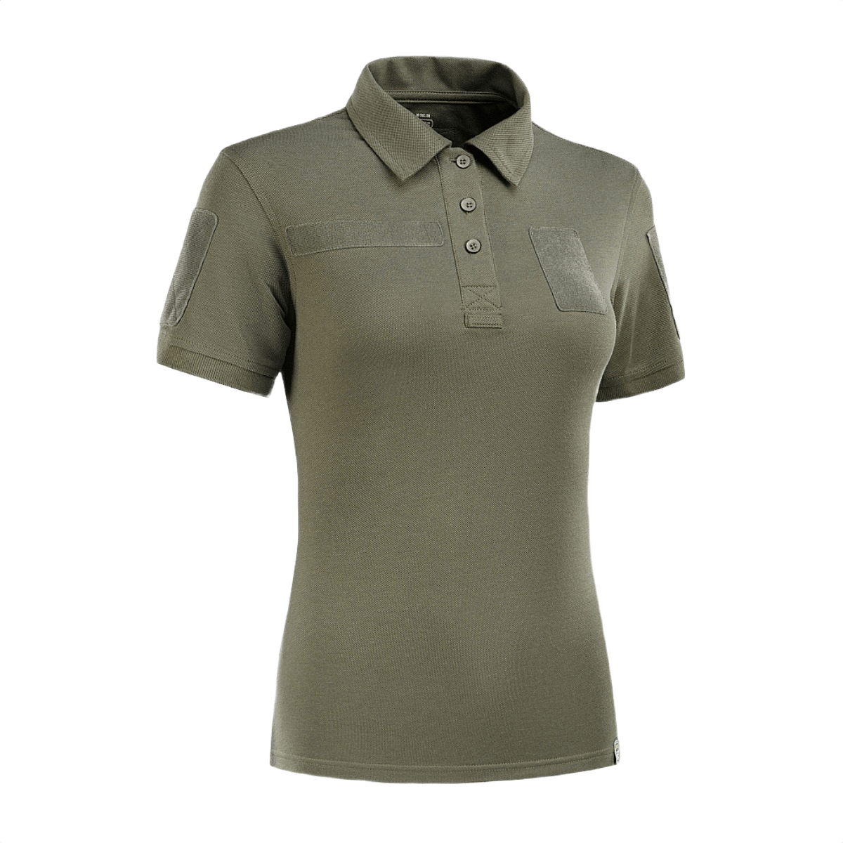 M-Tac Tactical Polo-Shirt 65/35 Lady vihreänä, Velcro ja käytännöllinen lenkki, suunniteltu naiselliseen istuvuuteen ja mukavuuteen aktiivisessa käytössä.