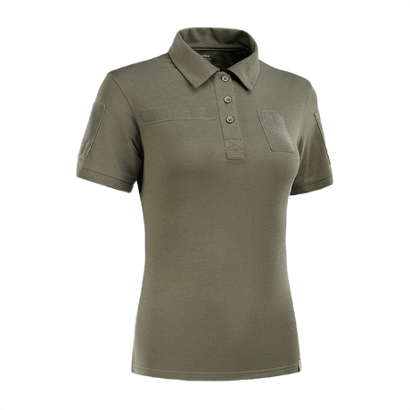 M-Tac Tactical Polo-Shirt 65/35 Lady vihreänä, Velcro ja käytännöllinen lenkki, suunniteltu naiselliseen istuvuuteen ja mukavuuteen aktiivisessa käytössä.