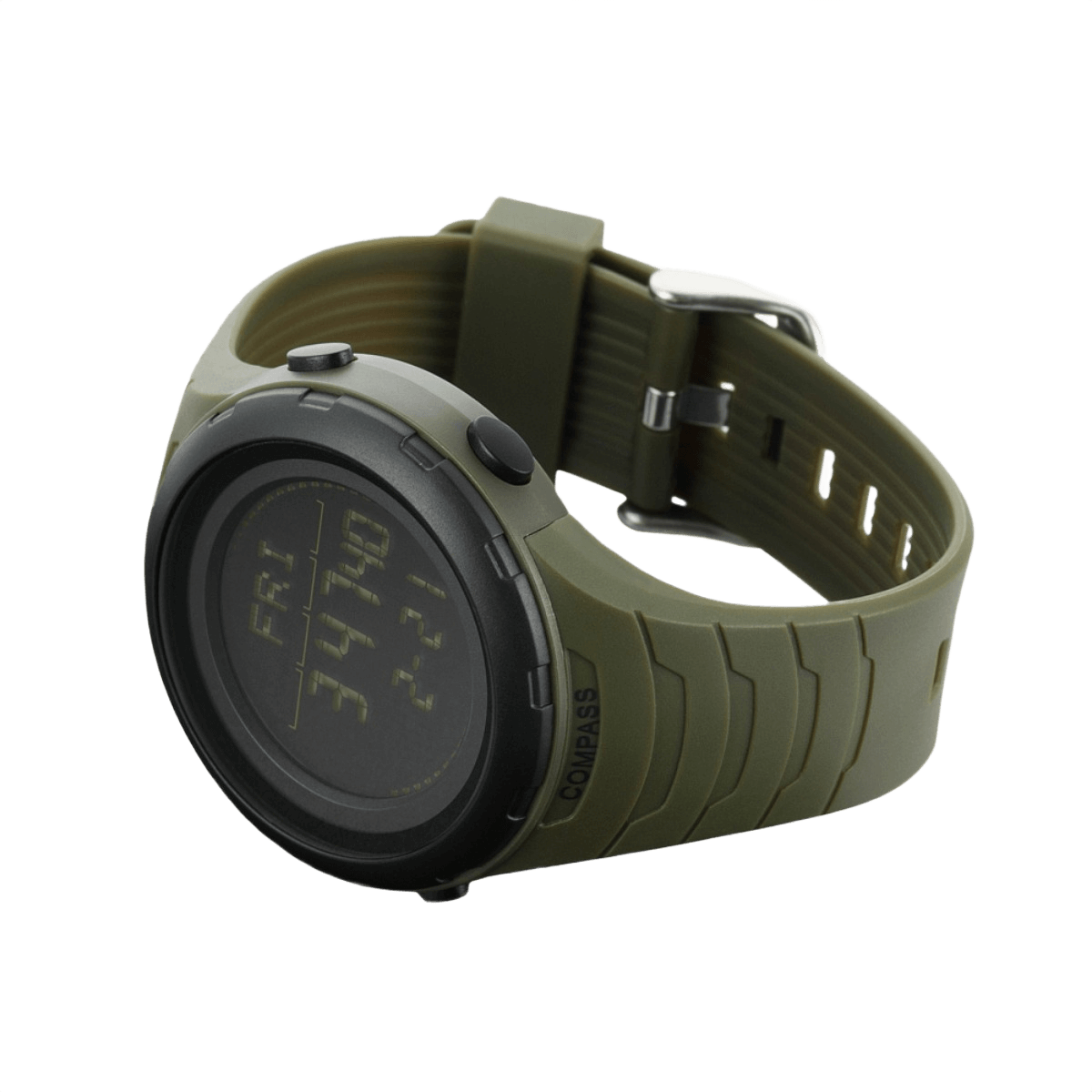 M-Tac Tactical Kello 2166 armeijanvihreänä, kompassi, LED-taustavalo, sekuntikello ja jämäkkä ABS-muovikotelo.