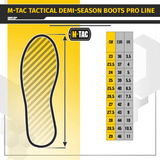 Kokotaulukko M-Tac Taktiske Demi-Season Støvler Pro Line -kengille cm, EUR ja UK-koot, Vibram-pohjan kuva.