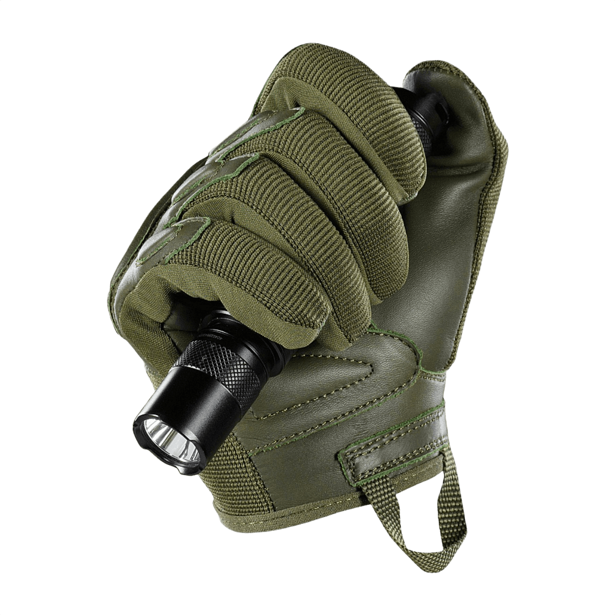 M-Tac Assault Tactical Mk.2 -käsineet vihreinä, taskulamppukuva, aitoa nahkaa ja synteettinen vahvike paremman pidon ja suojan vuoksi.