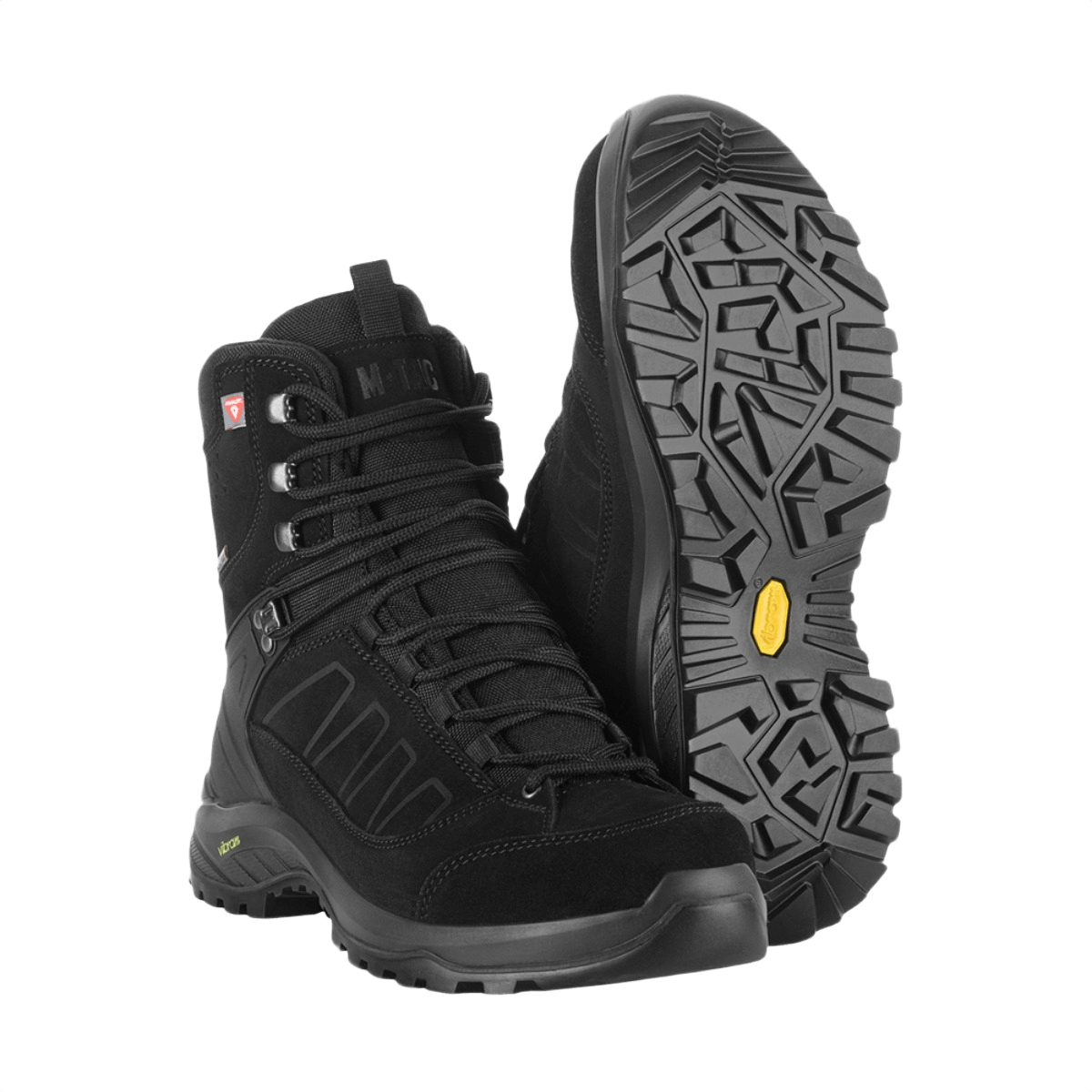 M-Tac Tactical talvikenkiä mustana, tukevat ja pitävät pohjat, Primaloft-eristys ja Vibram-pohja, sopivat vaativaan ulkokäyttöön.
