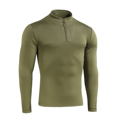 M-Tac Thermal Fleece Trøje Delta Level 2 oliivinvärisenä valkoisella taustalla. Suunniteltu kylmiin oloihin YKK-vetoketjulla.