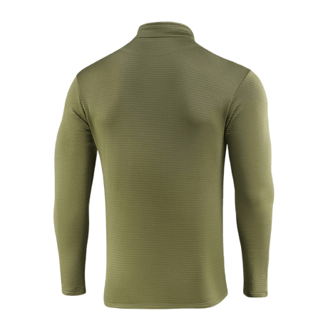 M-Tac Thermal Fleece Trøje Delta Level 2 oliivinvihreänä, takakuvassa, ihanteellinen kylmään säähän, valmistettu 100% polyesteristä YKK-vetoketjuilla.