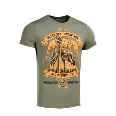 M-Tac T-shirt Black Sea Expedition oliivinvihreä premium-printillä, valmistettu 93% puuvillaa ja 7% elastaania, sopii aktiiviseen elämäntapaan