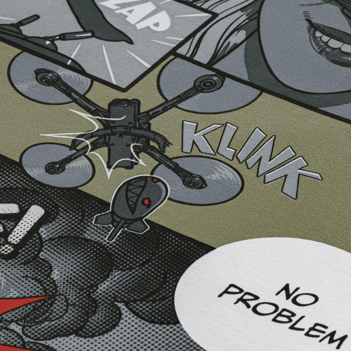 M-Tac t-paita Comics Drone Girl FPV-drone-operaattorilla actionissa, yksityiskohtainen sarjakuvaprintti, kestävä MagnaColours®-muste.