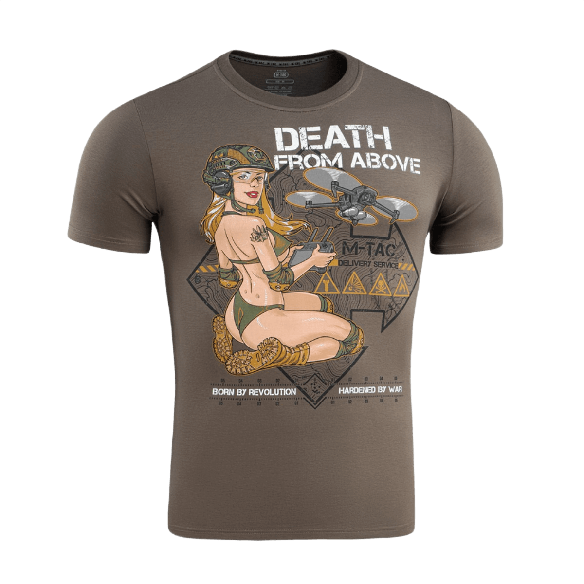 M-Tac T-Shirt Delivery Service amerikkalaisella Pin-up-designilla ja 'Death from Above' -tekstillä.