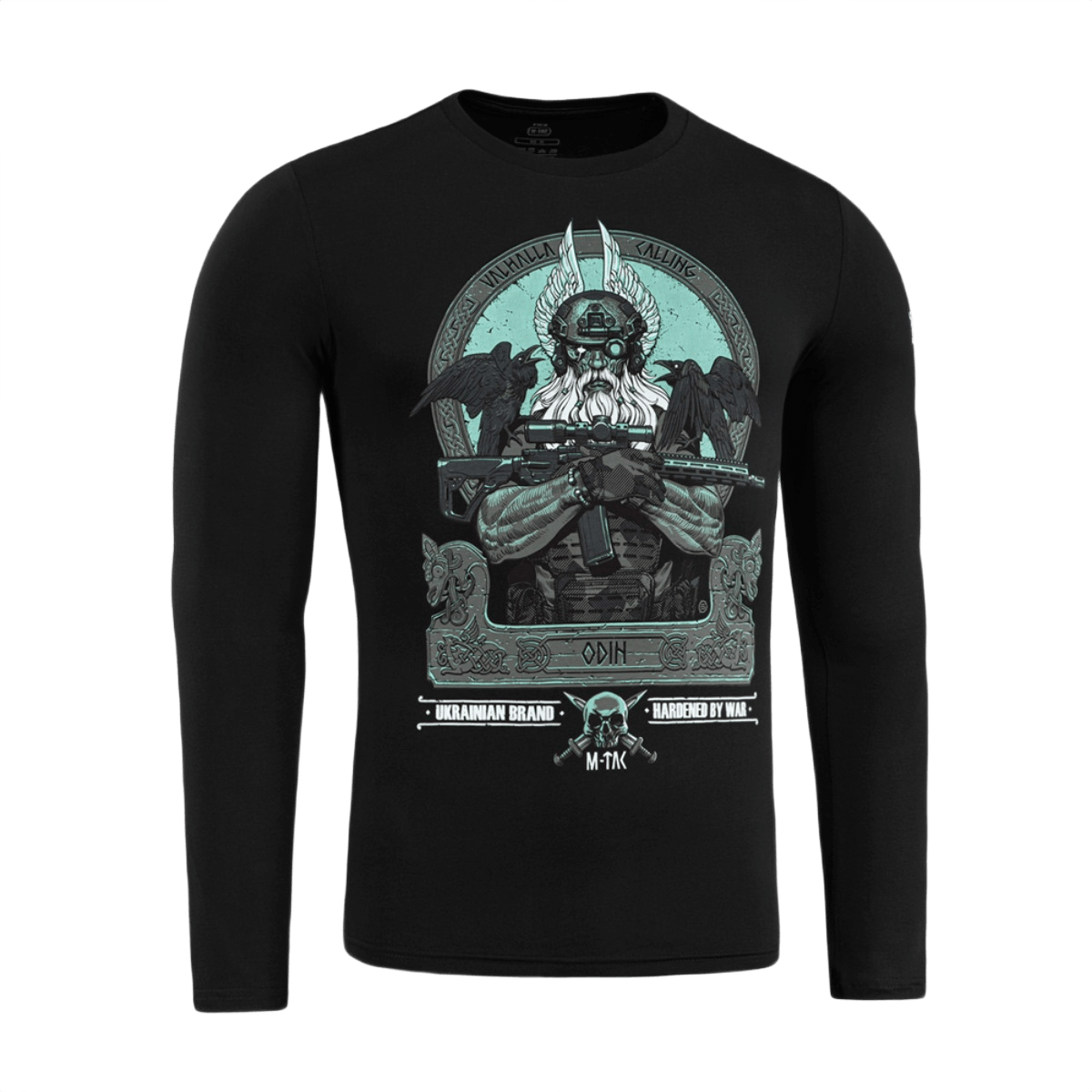 M-Tac T-Shirt Odin Mystery Long Sleeve Odin-painatuksella ja 'Valhalla Calling', moderni taisteludesign, mustat pitkät hihat, puuvillaseos.