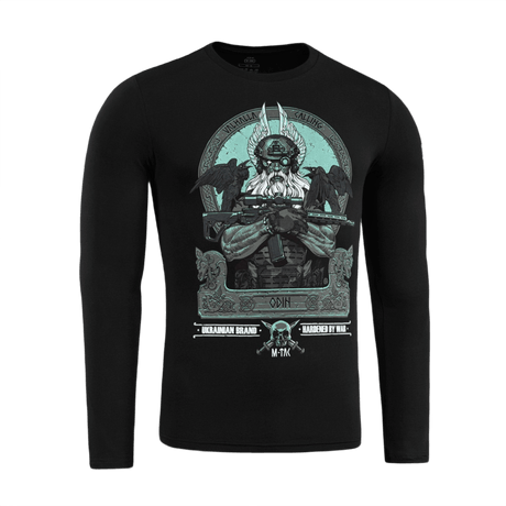 M-Tac T-Shirt Odin Mystery Long Sleeve Odin-painatuksella ja 'Valhalla Calling', moderni taisteludesign, mustat pitkät hihat, puuvillaseos.