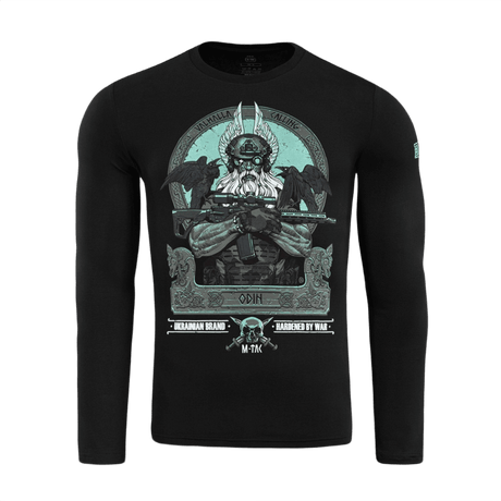 M-Tac T-Shirt Odin Mystery Long Sleeve Odinilla ja korpeilla Hugin ja Munin, moderni taisteluvälineistö ja teksti 'Valhalla Calling'.