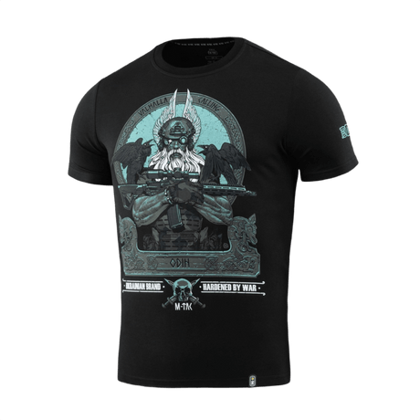M-Tac T-Shirt Odin Mystery mustana, Odin-printti, korpit Hugin ja Munin ja 'Valhalla Calling' -teksti, pehmeä puuvillasekoite.