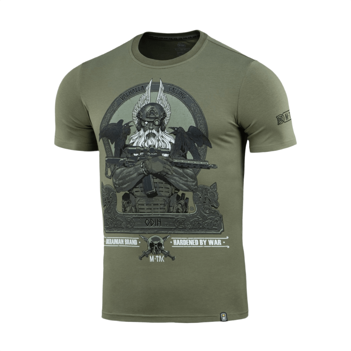 M-Tac T-Shirt Odin pohjoismaisella printillä ja Valhalla-teemalla, oliivinvihreä puuvillasekoite.