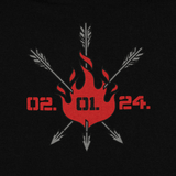 M-Tac T-Shirt Phoenix liekeillä, ristikkäisillä nuolilla ja päivämäärällä 02.01.24, symboloi uudelleensyntymää ja voimaa, selässä oleva design.