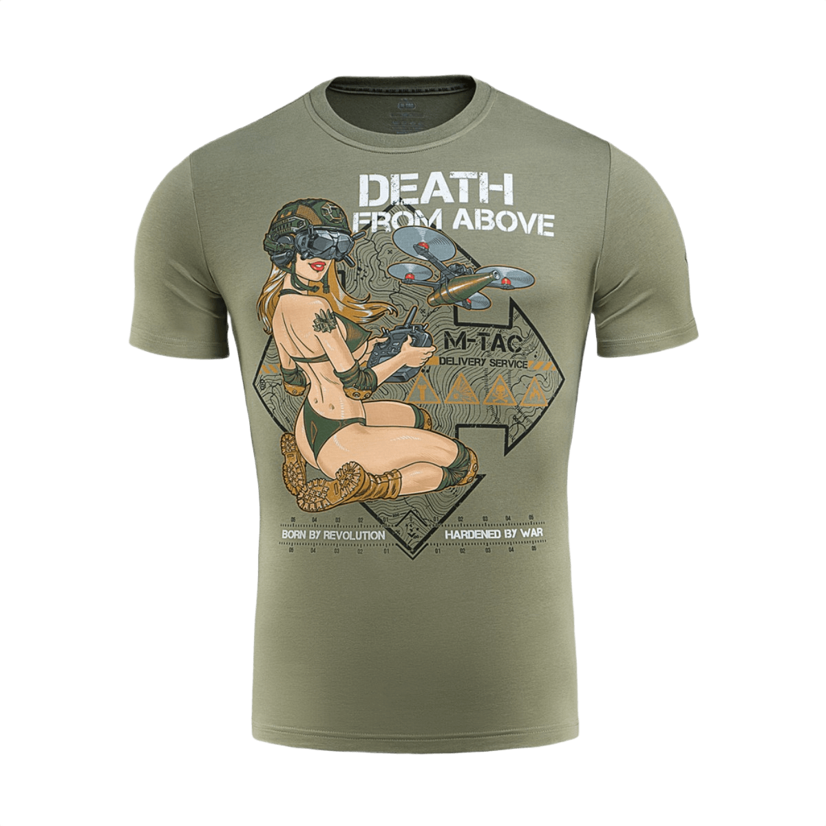M-Tac T-Shirt Delivery Service, inspiroitunut toisen maailmansodan Pin-up-kulttuurista, FPV-laseilla ja drone-printillä, teksti 'Death from Above'.