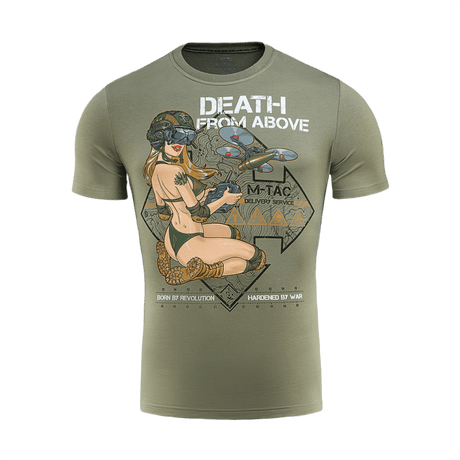 M-Tac T-Shirt Delivery Service, inspiroitunut toisen maailmansodan Pin-up-kulttuurista, FPV-laseilla ja drone-printillä, teksti 'Death from Above'.
