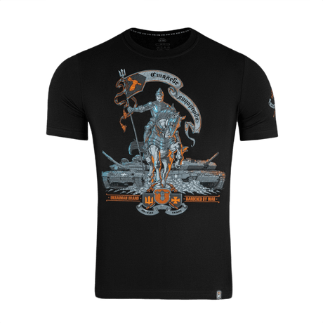 M-Tac T-Shirt Steel Knight, teräsritari ja modernit panssarivaunut, symboloi Ukrainan taistelujoukkoja, voimaa ja yhteenkuuluvuutta.