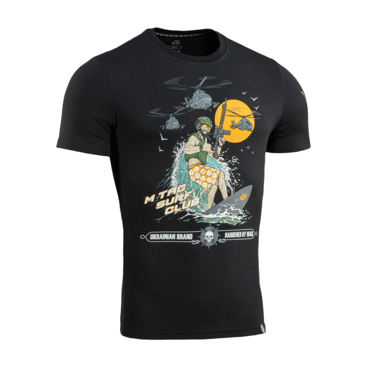 M-Tac T-Shirt Surf Club sotilas surffilaudalla -teema, 93% puuvillaa, 7% elastaania, premium MagnaColours®-painatus.