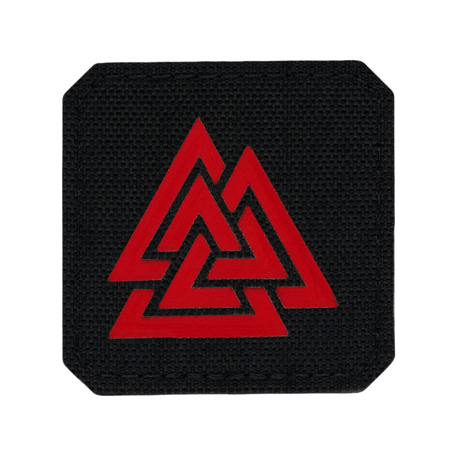 M-Tac Patch Valknut Laser Cut Odin symbol mustalla taustalla ja punaisella symbolilla.