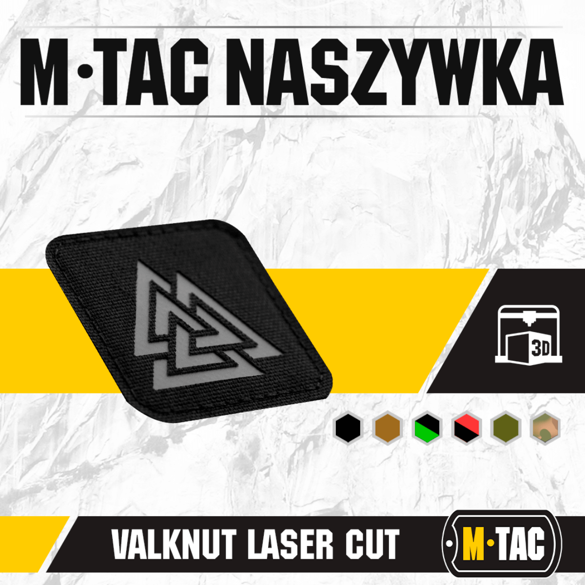 M-Tac Patch Valknut Laser Cut Odin -symboli en valkoisella ja keltaisella taustalla
