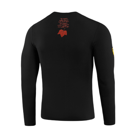 M-Tac Viburnum T-Shirt Long Sleeve punaisella kuviolla selässä, symboloi kansallista ylpeyttä ja historiaa, musta pitkähiha.