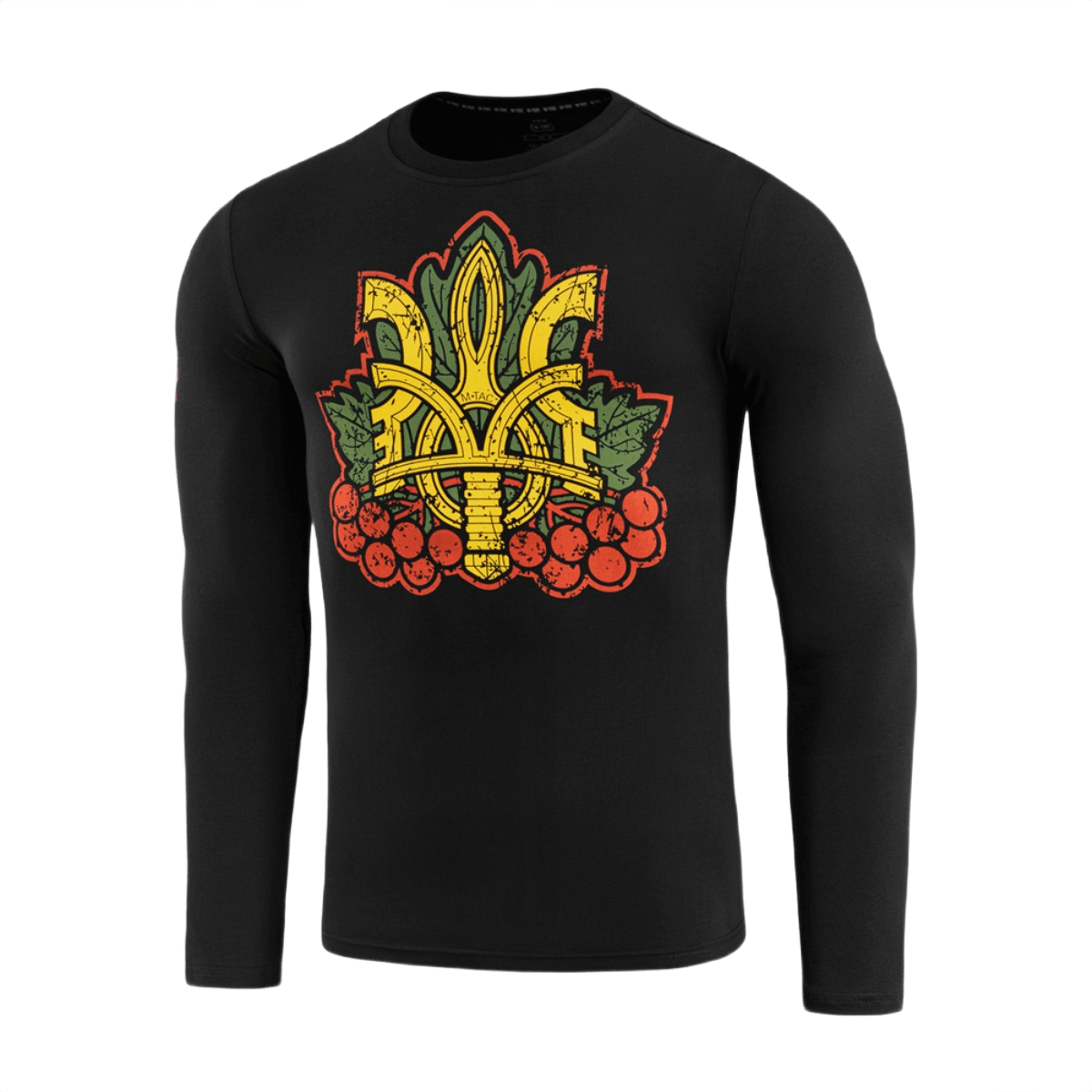 M-Tac Viburnum T-Shirt Long Sleeve tyylitellyllä Trident- ja viburnum-printillä, musta pitkähiha, kansallista ylpeyttä ja historiaa inspiroinut.
