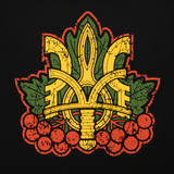 Trident- ja viburnum-kuvitus M-Tac Viburnum T-Shirt Long Sleeve -paidassa, symboloi yhtenäisyyttä ja rohkeutta rubiinipunaisilla marjoilla ja modernilla designilla.
