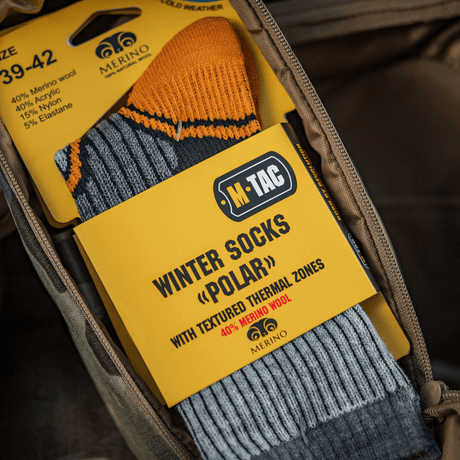 M-Tac Sokker Polar Merino 40% repussa, sopiva ulkoaktiviteetteihin, lämpöä ja mukavuutta merinovillasta, akryylistä, nylonista ja elastaanista.