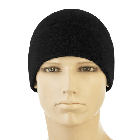 Musta M-Tac Watch Cap Elite Fleece Beanie Hat Slimtex mannekiinin päässä, sopii kylmään ja taktiseen käyttöön, valmistettu fleecestä ja Slimtexistä