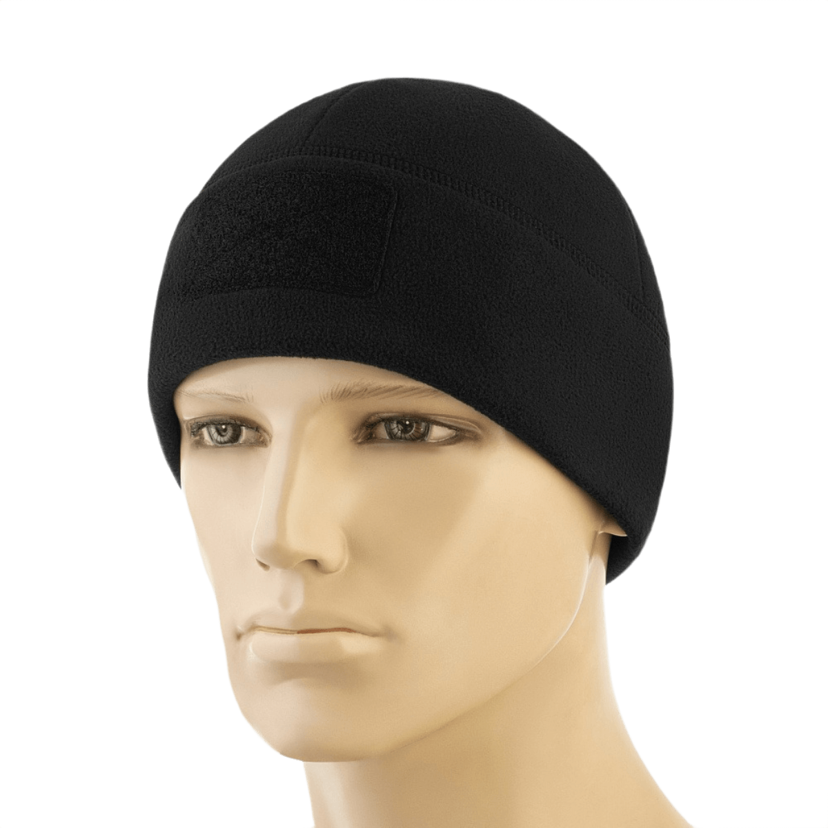 M-Tac Watch Cap Elite Fleece Beanie Hat Velcro, musta mannekiinilla, lämmin ja kevyt, Velcro-paneeli merkeille, ihanteellinen taktiseen käyttöön.