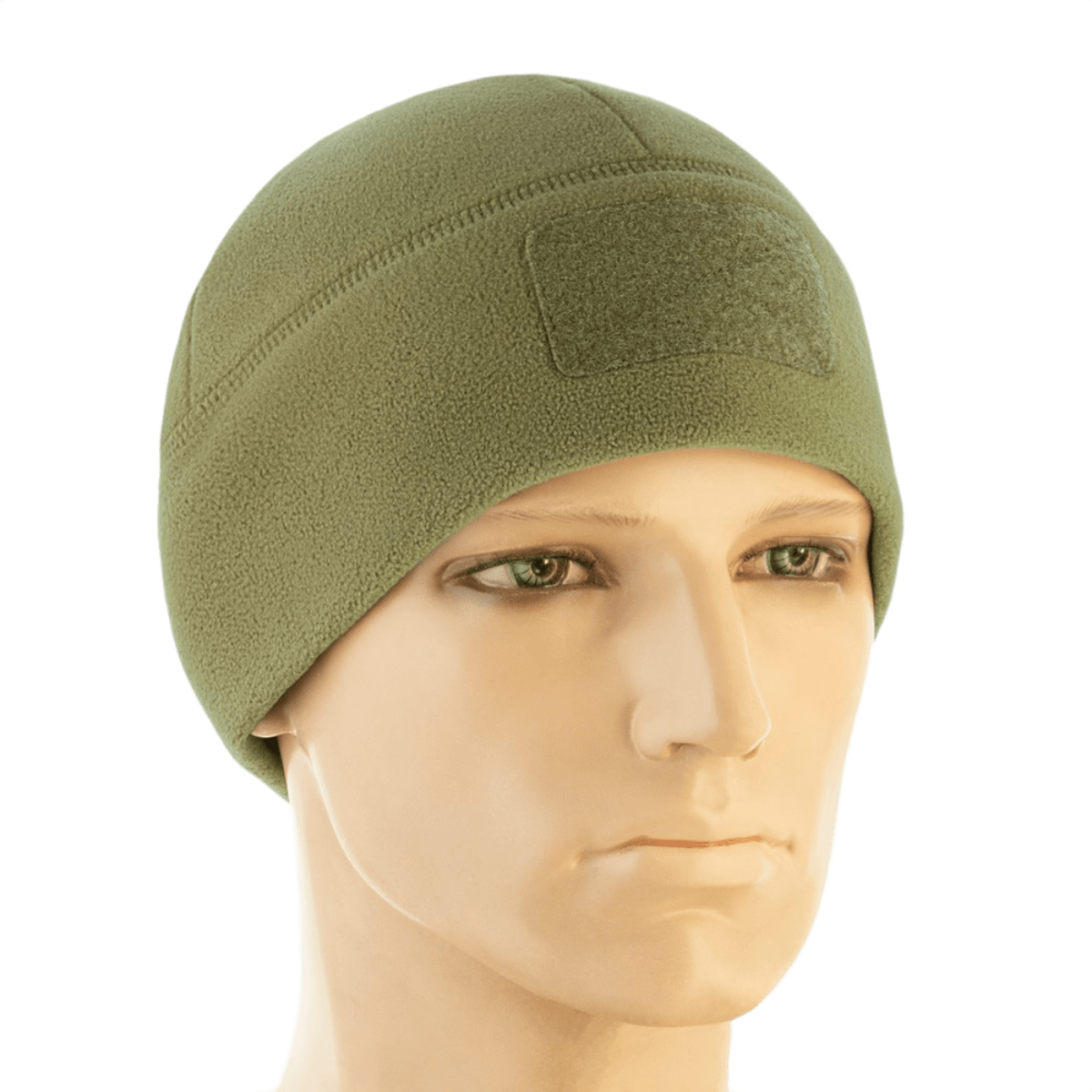M-Tac Watch Cap Elite Fleece Beanie Hat Velcro, vihreä, kevyt ja lämmin, täydellinen kylmään säähän ja taktiseen käyttöön, nähty mannekiinilla.
