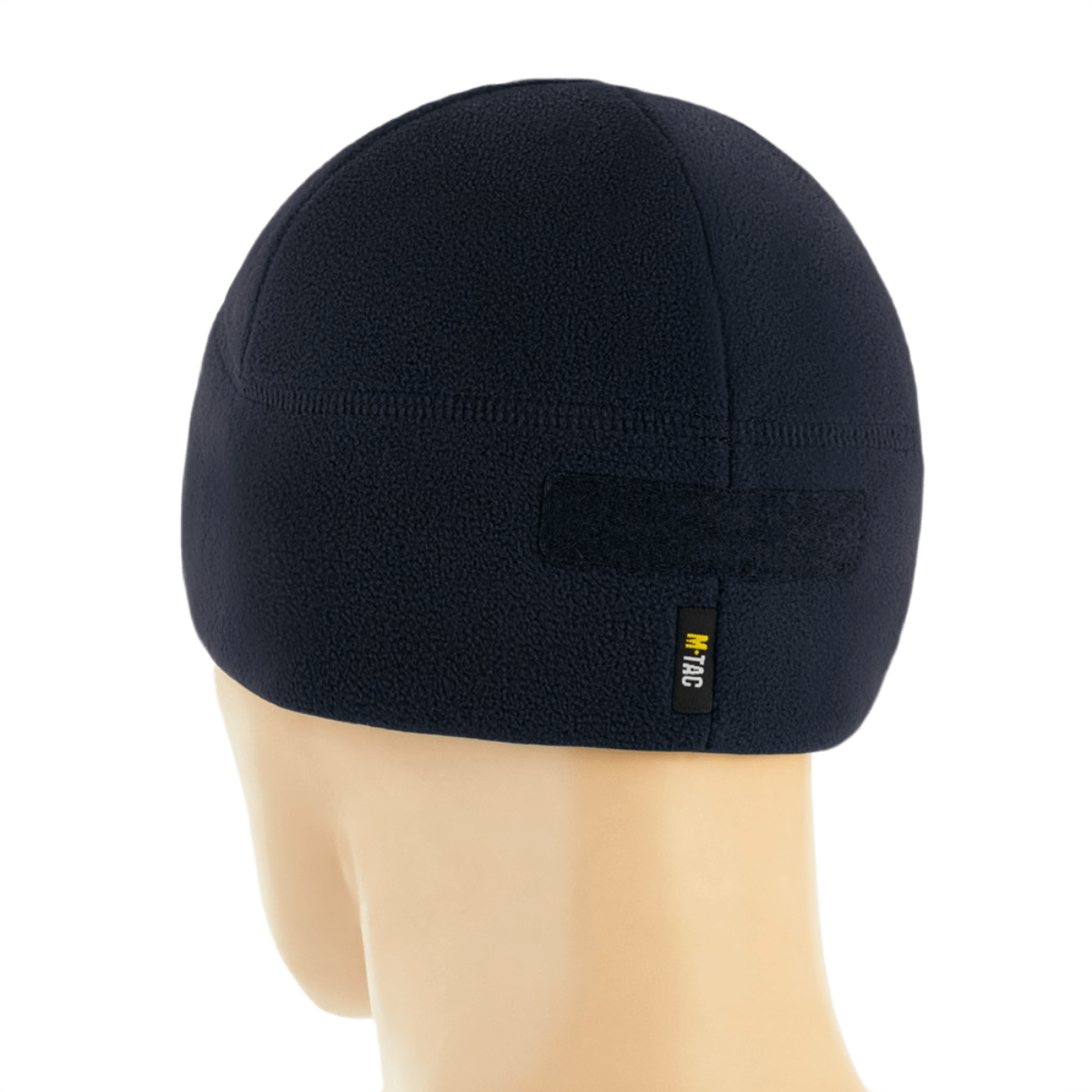 M-Tac Watch Cap Elite Fleece Beanie Hat Velcro, musta fleece Velcro-paneelilla takaapäin nähtynä. Täydellinen kylmään säähän ja taktiseen käyttöön.