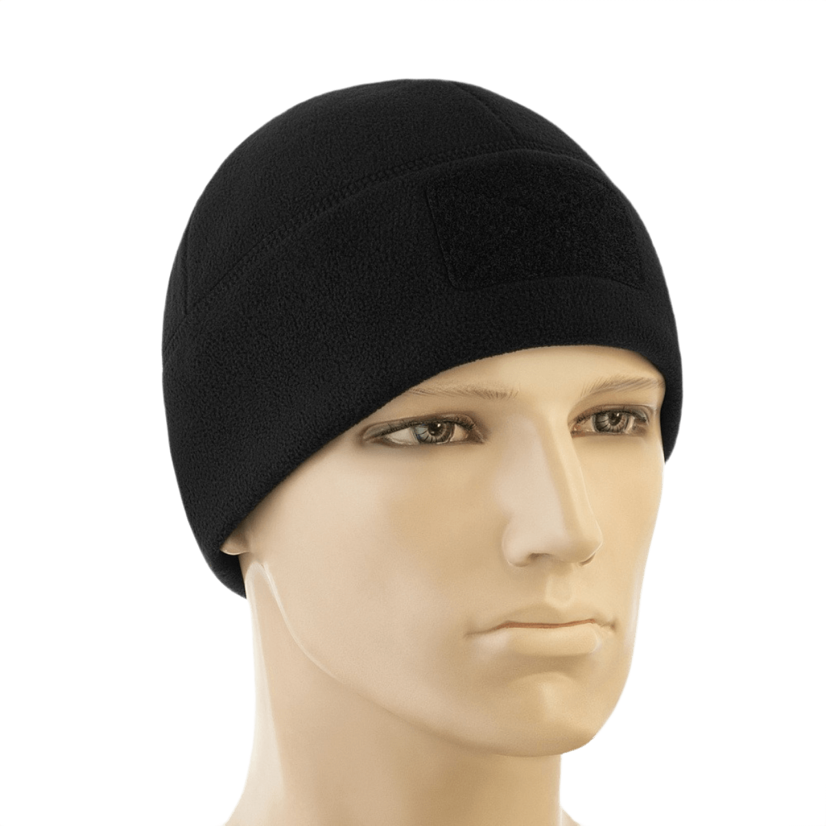 M-Tac Watch Cap Elite Fleece Beanie Hat Velcro, musta fleece mannekiinin päässä, ihanteellinen taktiseen käyttöön ja talviaktiviteetteihin.