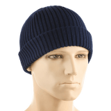 M-Tac Watch Cap 100% Akryl merensininen neulos, kaksoiskäänne, sopii kylmään säähän, esitetty mannekiinilla.