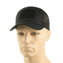 M-Tac Mesh Flex Ripstop Baseball Cap Velcro-kiinnityksellä mannekiinilla, musta, mesh-paneelit, sopii kesään ja taktiseen käyttöön, säädettävä koko.