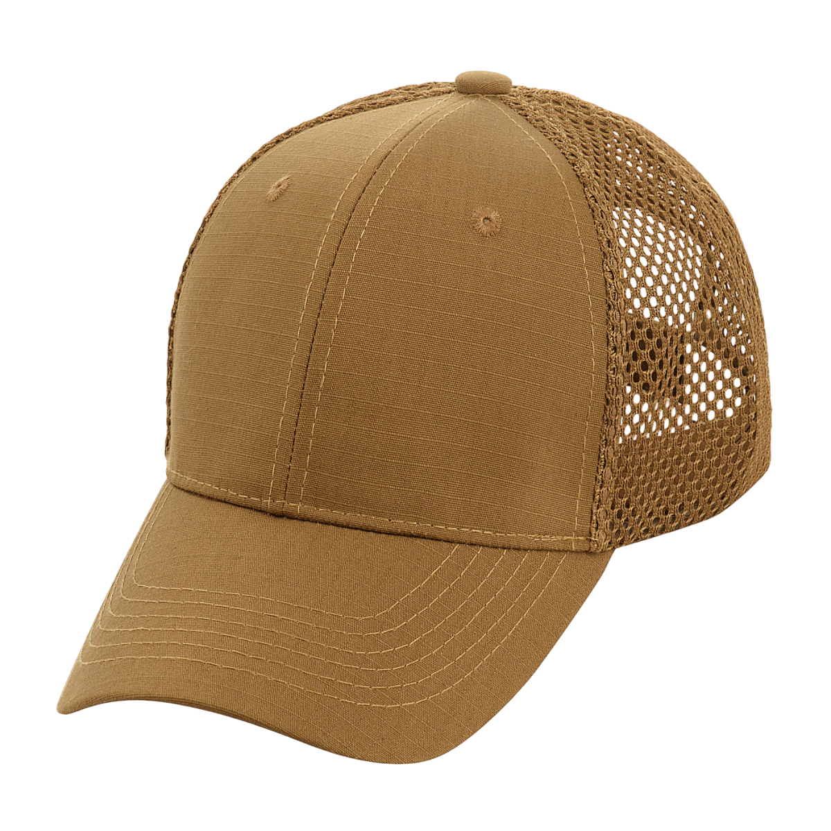 M-Tac Mesh Flex Ripstop Baseball Cap ruskeana, kevyt ja hengittävä, ripstop-etuosalla ja mesh-paneeleilla, sopiva ulkokäyttöön.