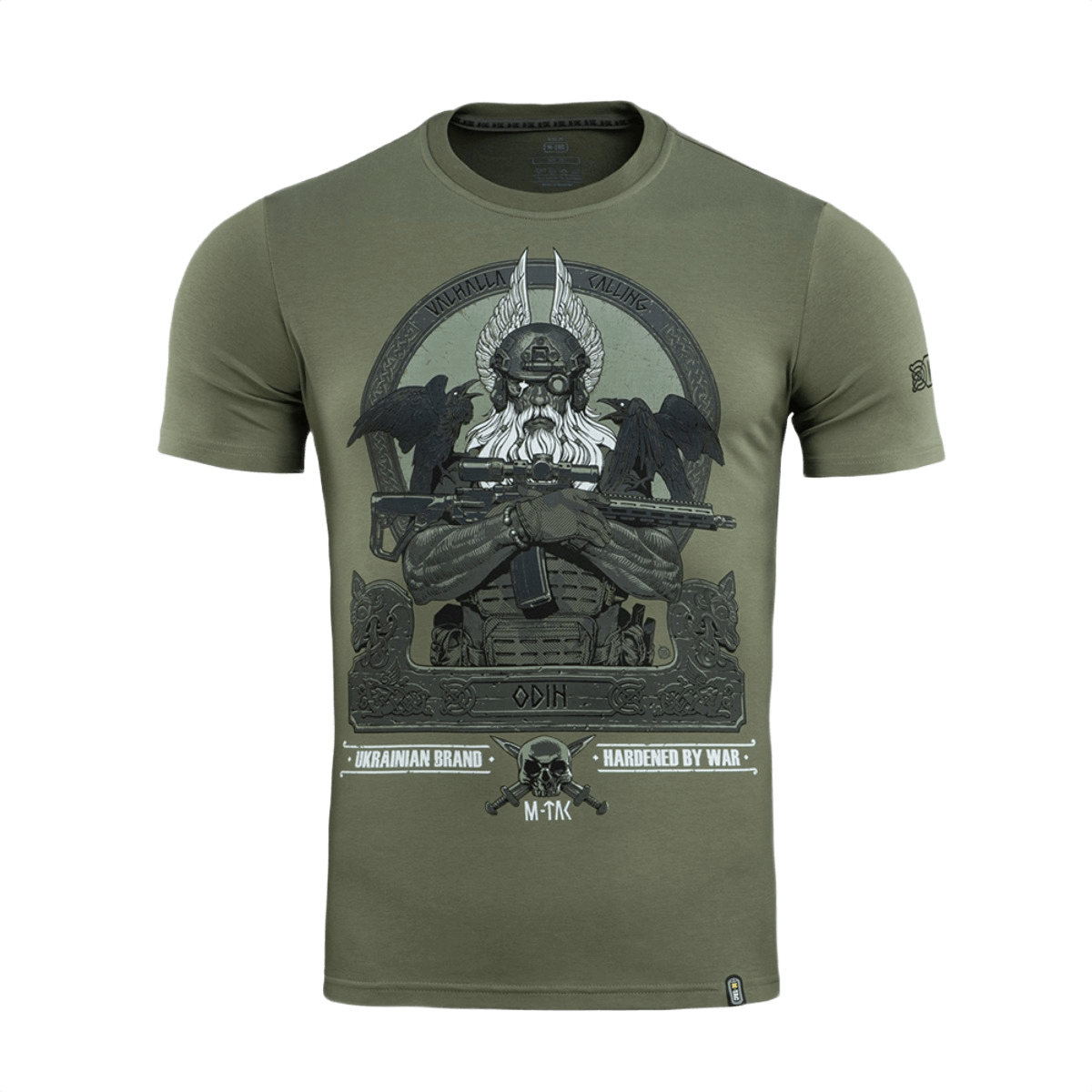 M-Tac T-Shirt Odin, Odin-printti, korpit Hugin ja Munin ja teksti 'Valhalla Calling', puuvilla-elastaaniseos, sotilaanvihreä.