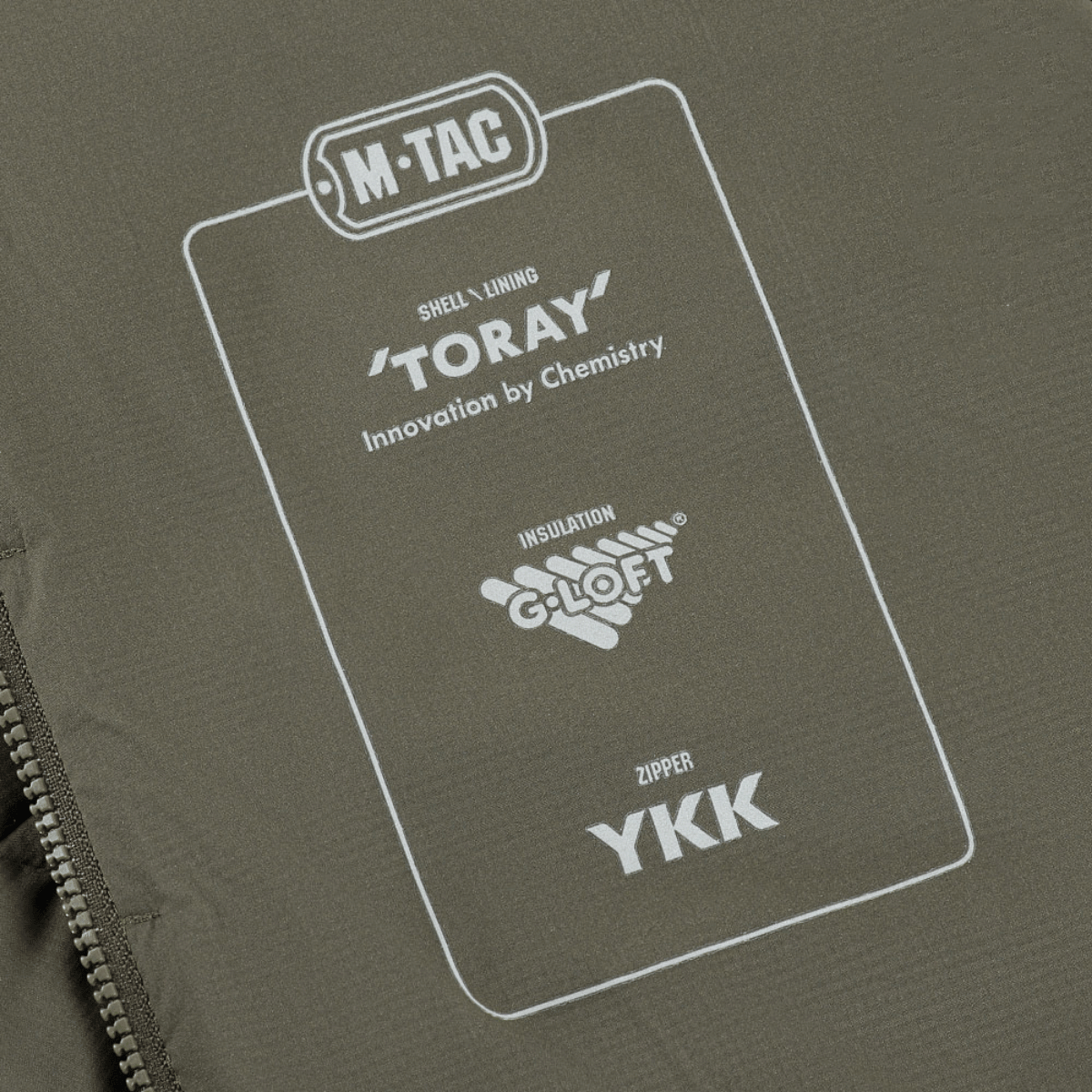 M-Tac Jarl -takin materiaalitiedot: Toray, G-Loft ja YKK-vetoketju maksimaaliseen lämpöön ja mukavuuteen.