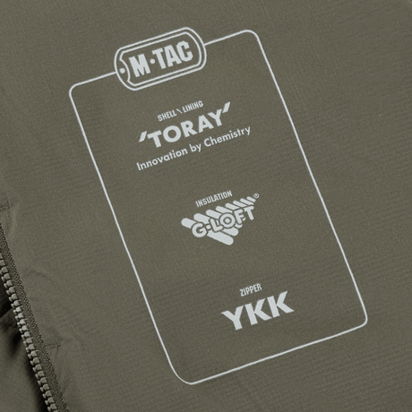 M-Tac Jarl -takin materiaalitiedot: Toray, G-Loft ja YKK-vetoketju maksimaaliseen lämpöön ja mukavuuteen.