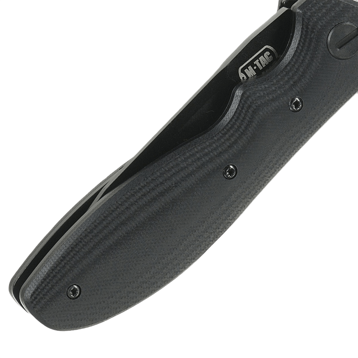 M-Tac Outdoor & Militær Type 6 G10-komposiittikahvalla, sivunäkymä, musta, kevyt muotoilu ja tukevat otteet.