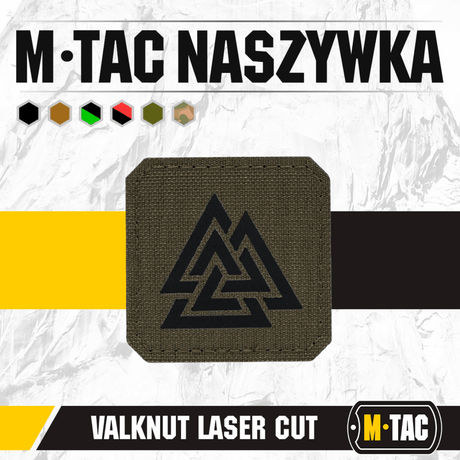 M-Tac Patch Valknut Laser Cut Odin symbol tummanharmaana, esitettynä valkoisella taustalla.