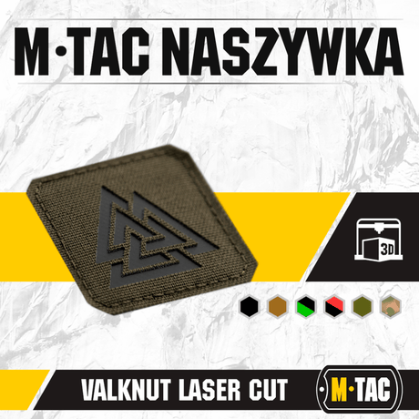 M-Tac Patch Valknut Laser Cut Odin symbol tummalla taustalla eri väreissä.