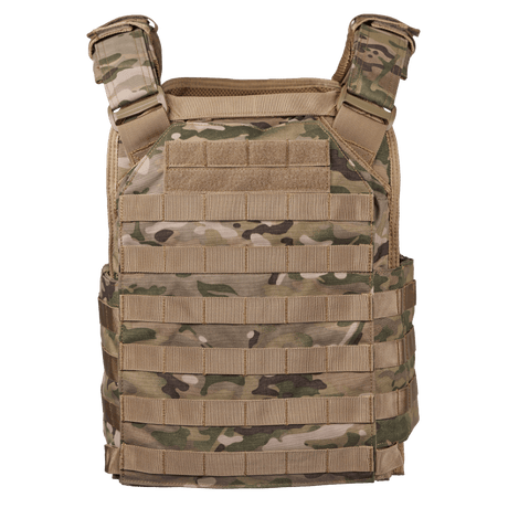 EA Plate Carrier Camo maastokuvioitu, kestävä materiaali, suunniteltu ammattilaiskäyttöön luotisuojaukseen, galleria-asento 1.