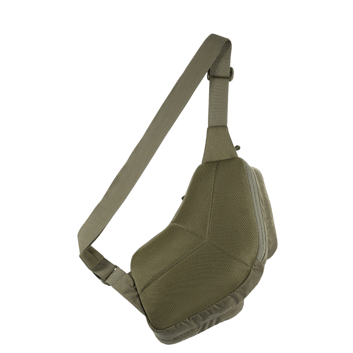 M-Tac Bat Wing Taske Elite Hex oliivinvihreässä Cordura-kankaassa, säädettävä olkahihna ja turvamekanismi; sivunäkymä.